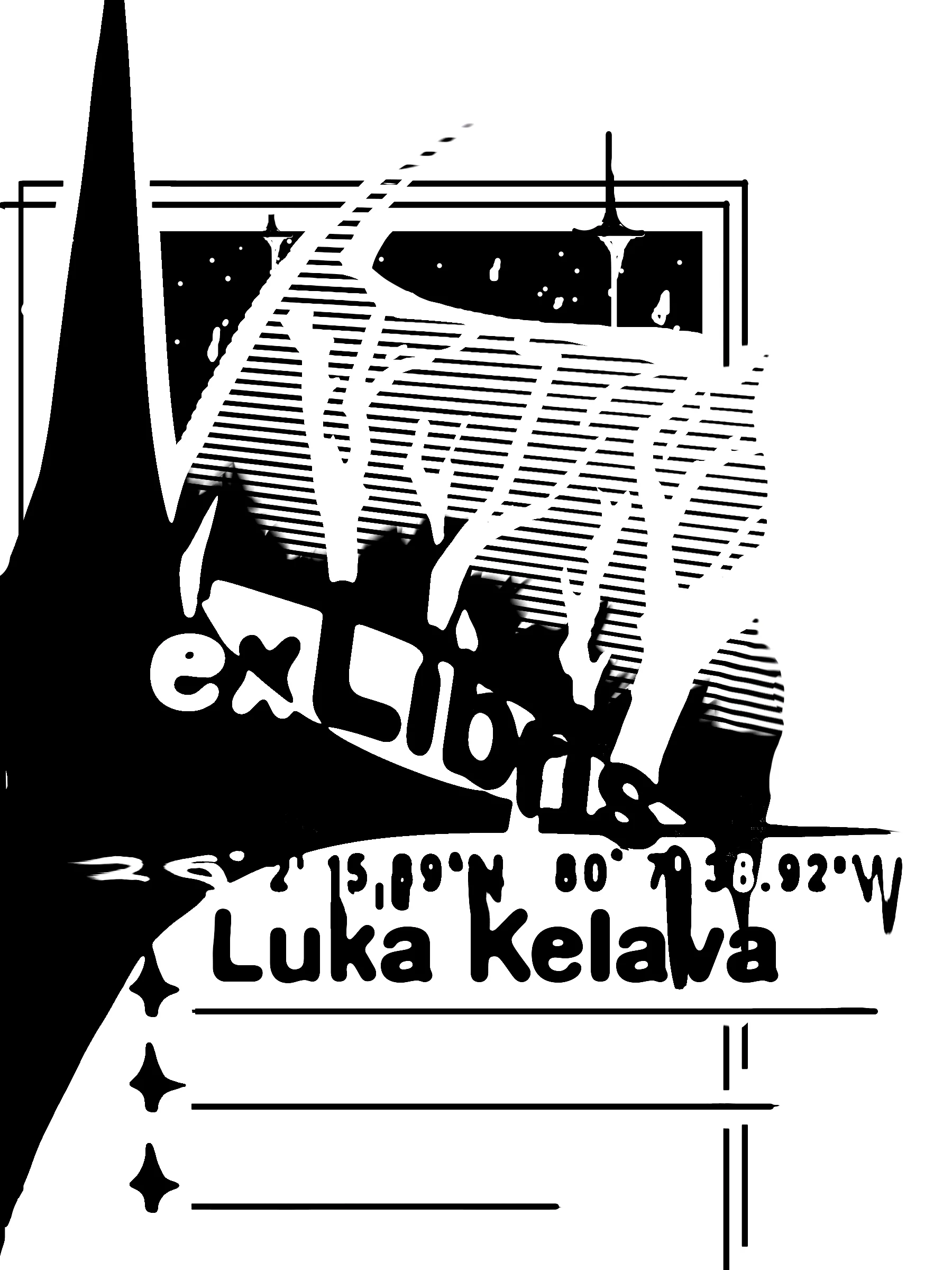 A black-and-white digital comic-style artwork flaunts a massive, stylized text underneath. It features a massive tree trunk, a starry night sky, and a cityscape with a tall, pointy building. The bold, jagged font and stark contrasts scream adventure and mystery.